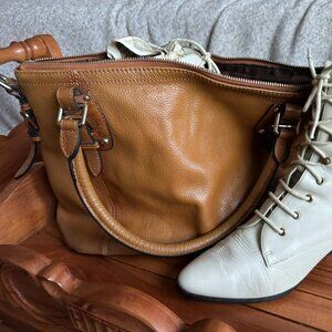 Genuine Cowhide Leather & Brass Purse, Satin Lined, Camel Color